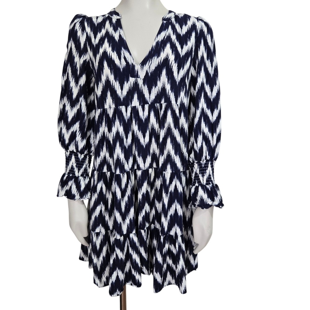 Tuckernuck Pomander Place Kenzo Dress XS Navy Blue Ikat Tiered Preppy Shift‎ L/S